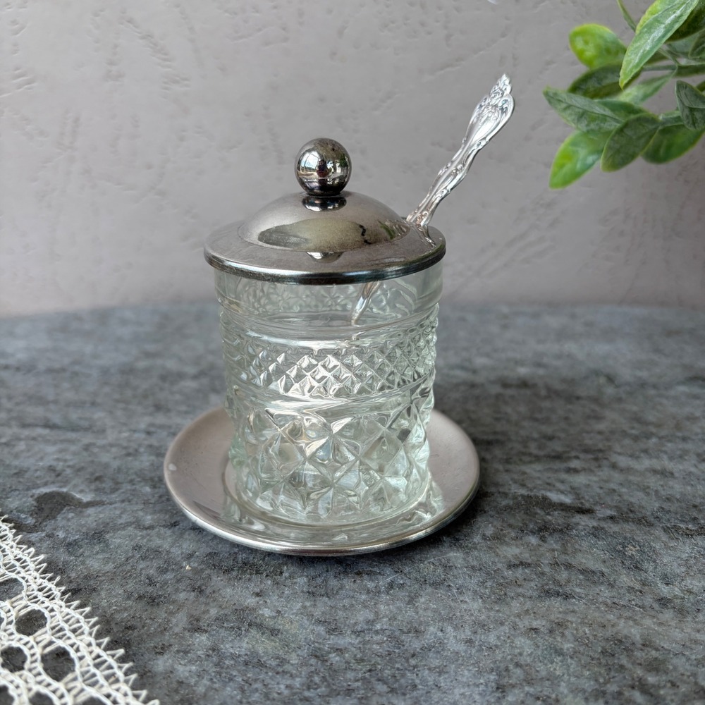 Vintage Diamond Cut Glass Jam Pot Set with Silver Tone Lid Spoon and Plate